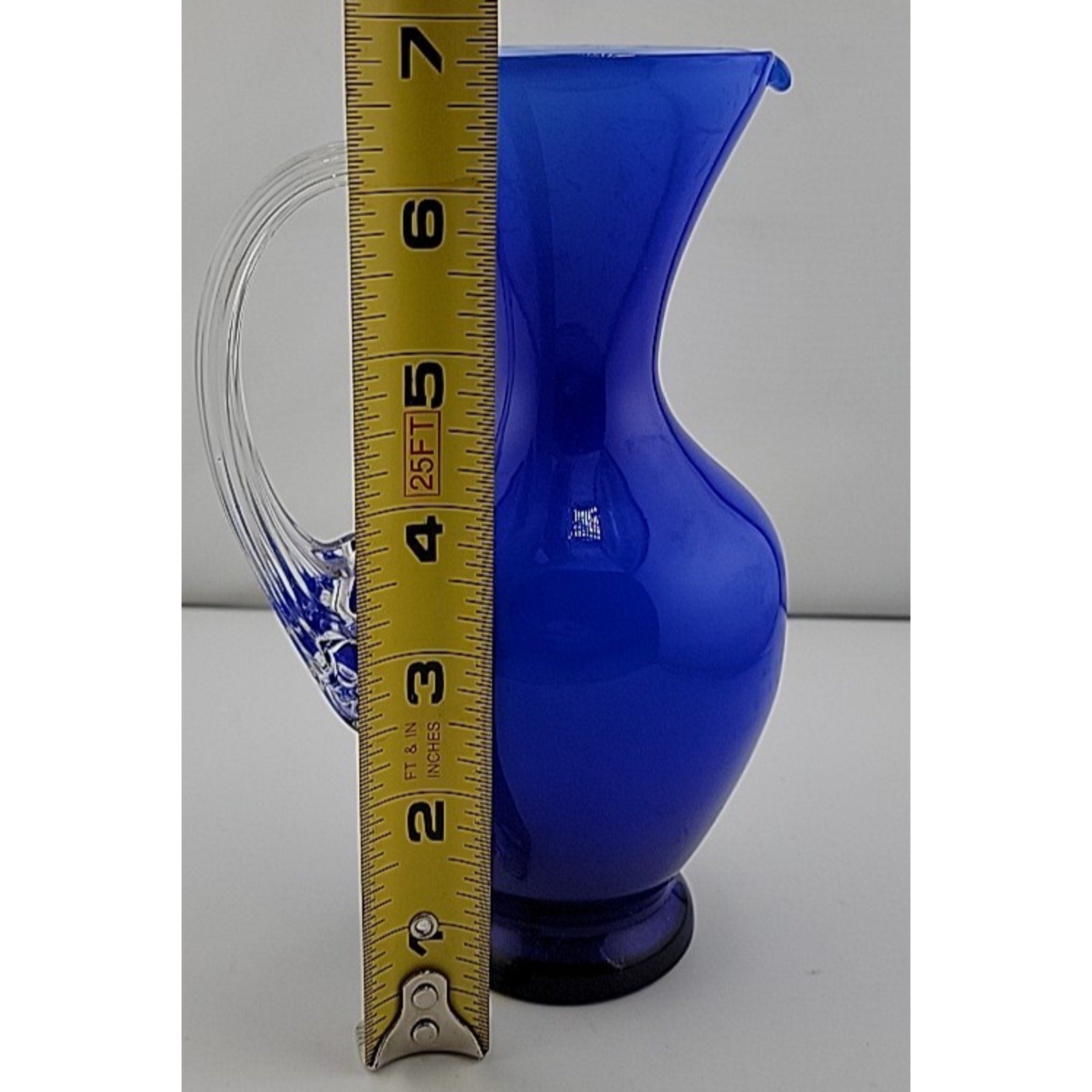Contemporary Studio Art Glass Cobalt Blue Applied Clear Handle Vase Pitcher