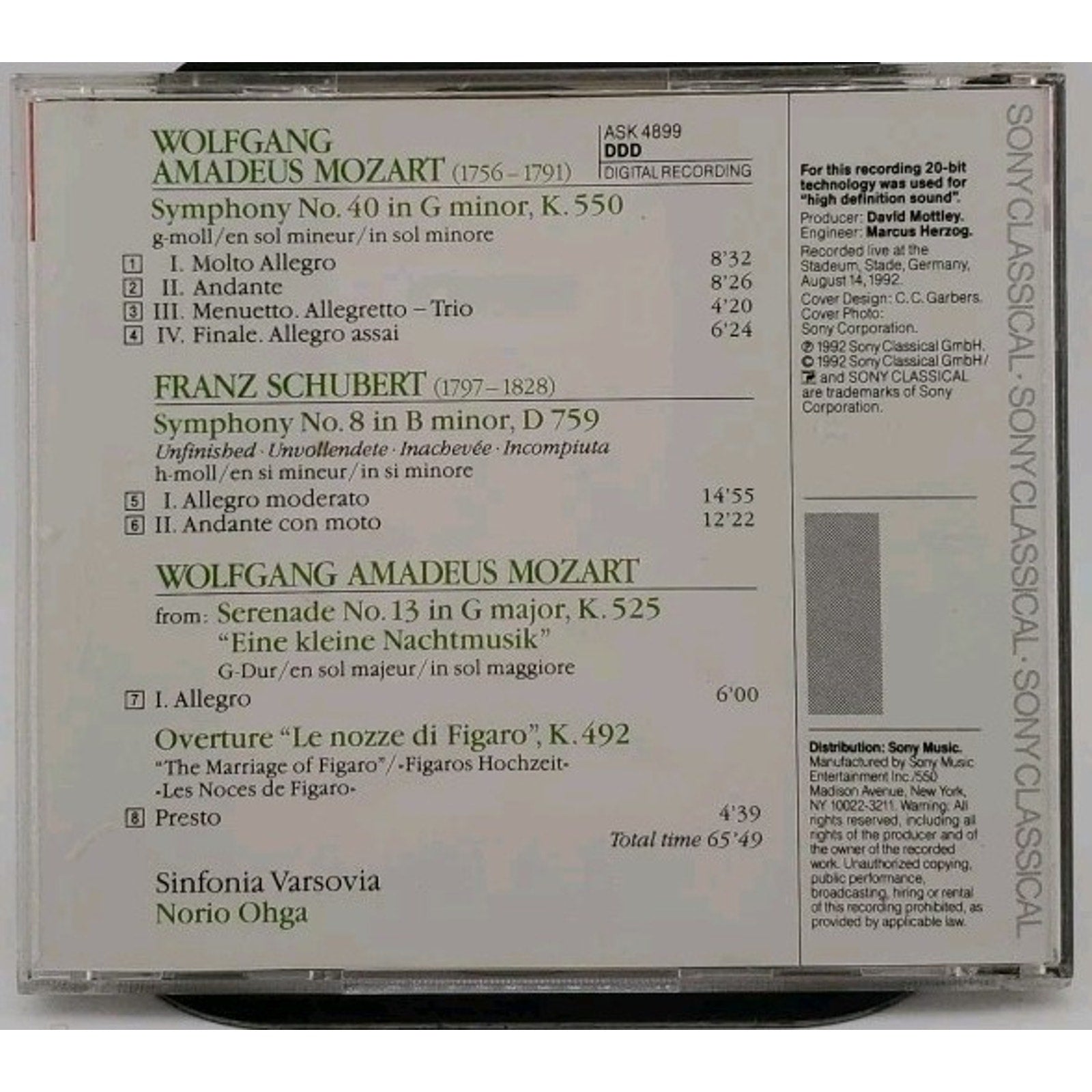 Mozart Symphony No. 40/ Schubert No. 8 CD Live Recording *Limited Edition*