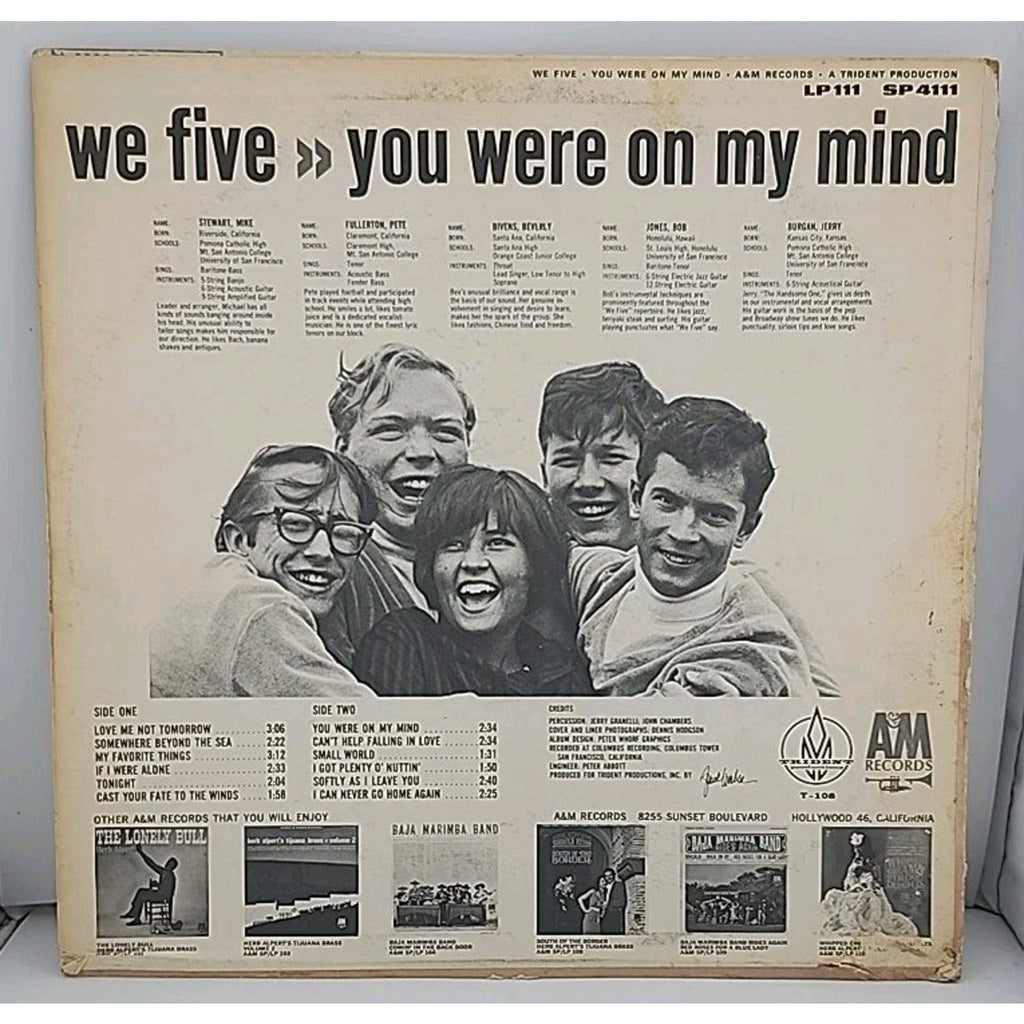 We Five LP Vinyl You Were on my Mind 1965 Record Album