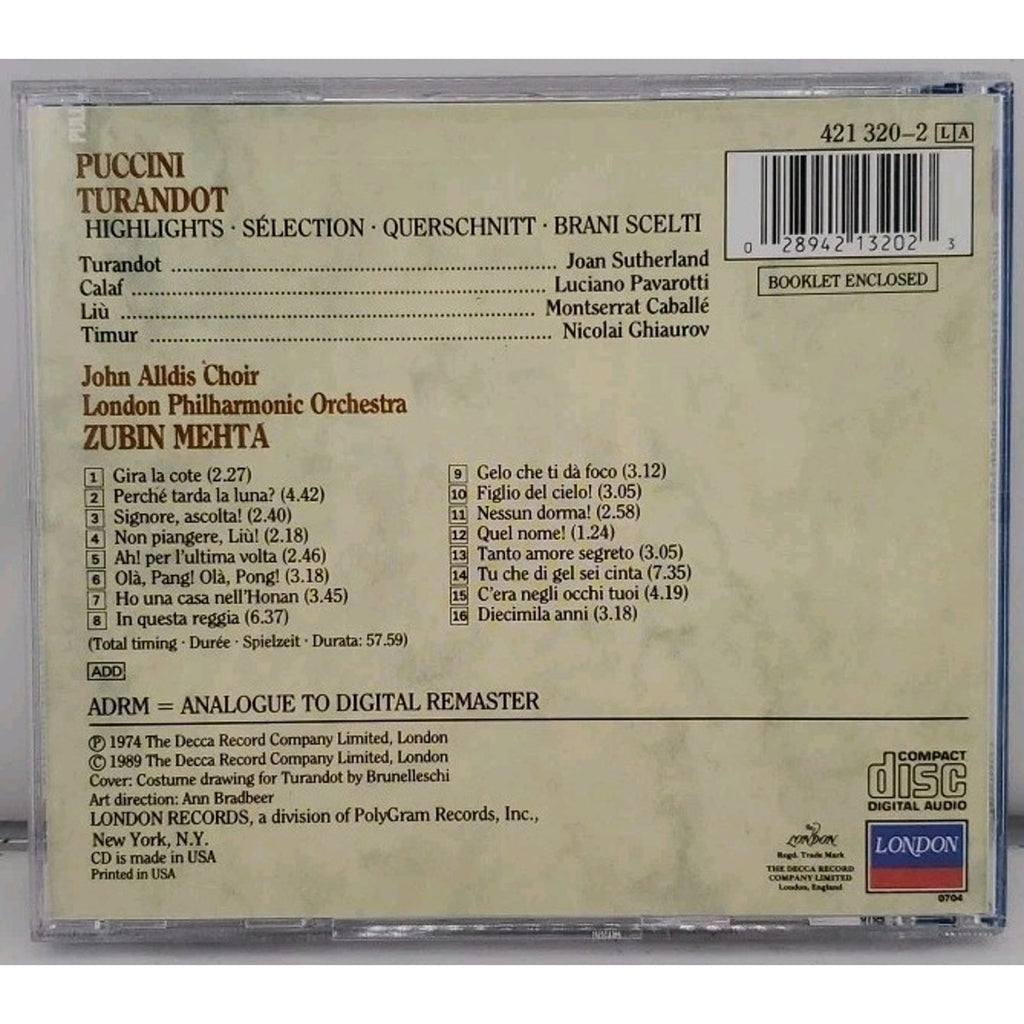 Puccini: Turandot [Highlights] (CD, Apr-1991, Decca)