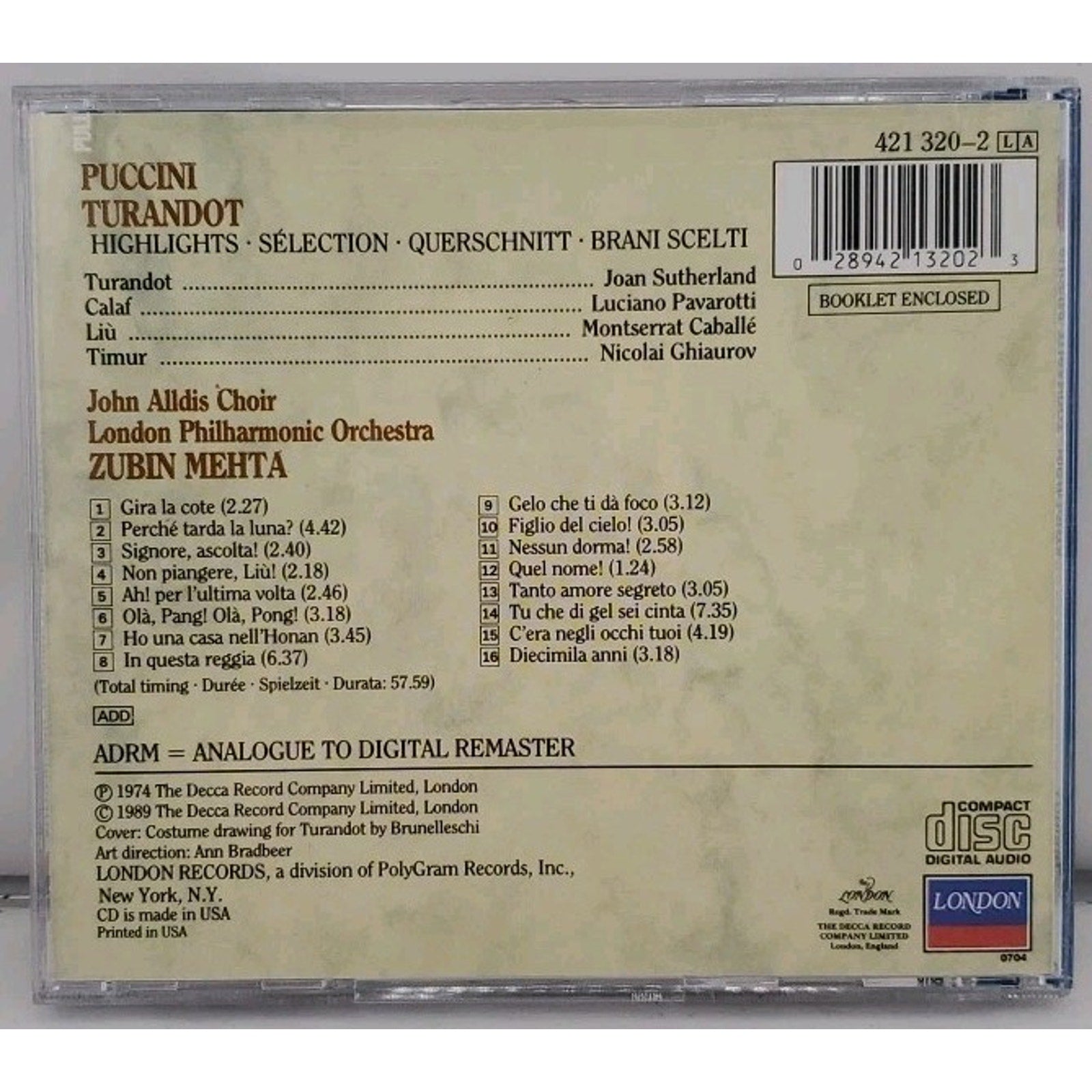 Puccini: Turandot [Highlights] (CD, Apr-1991, Decca)