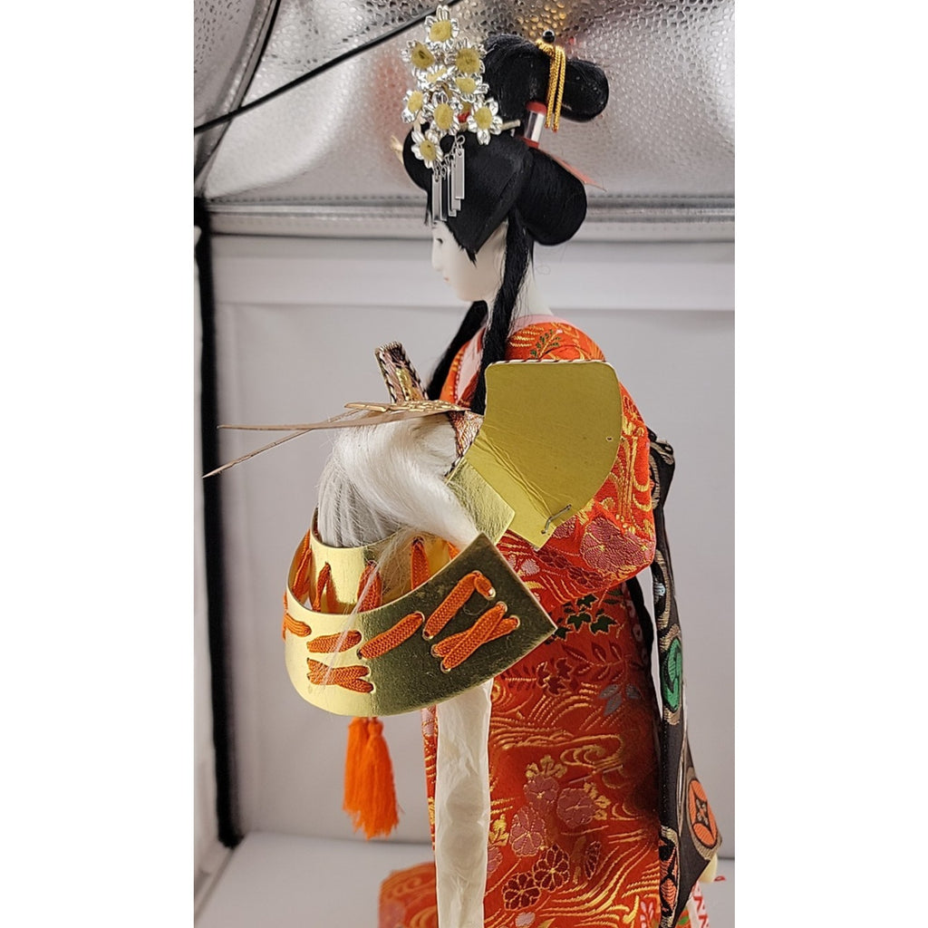 Nishi Geisha Doll 16" Kabuto Helmet Crown Japanese Lady Figurine Red Kimono