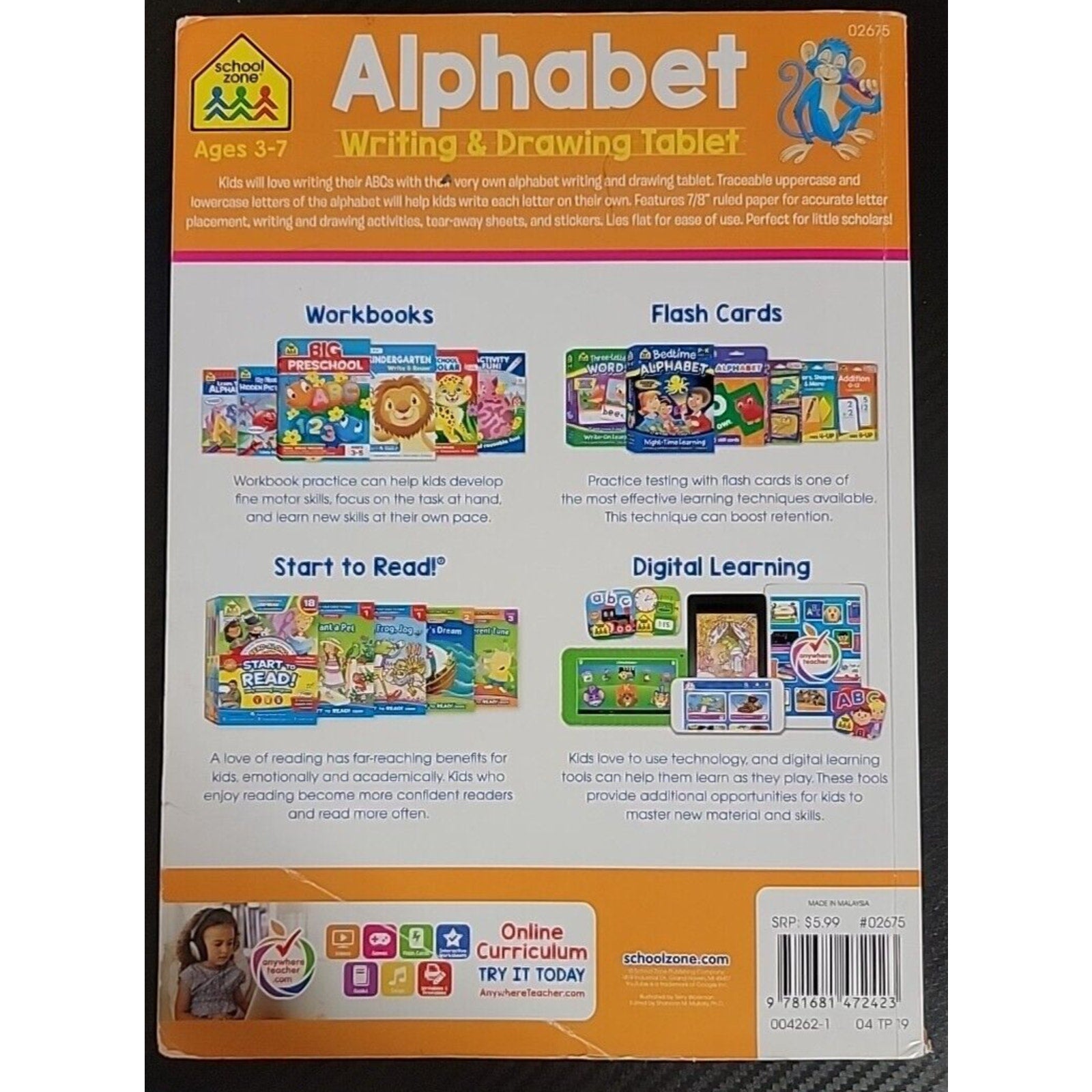 Alphabet Writing & Drawing Tablet Ages 3-7 by Zone Staff School (2019, Trade...
