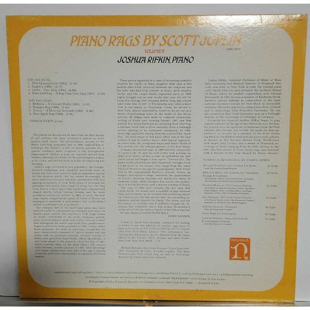 Scott Joplin - Joshua Rifkin – Piano Rags, Volume II (Vinyl)