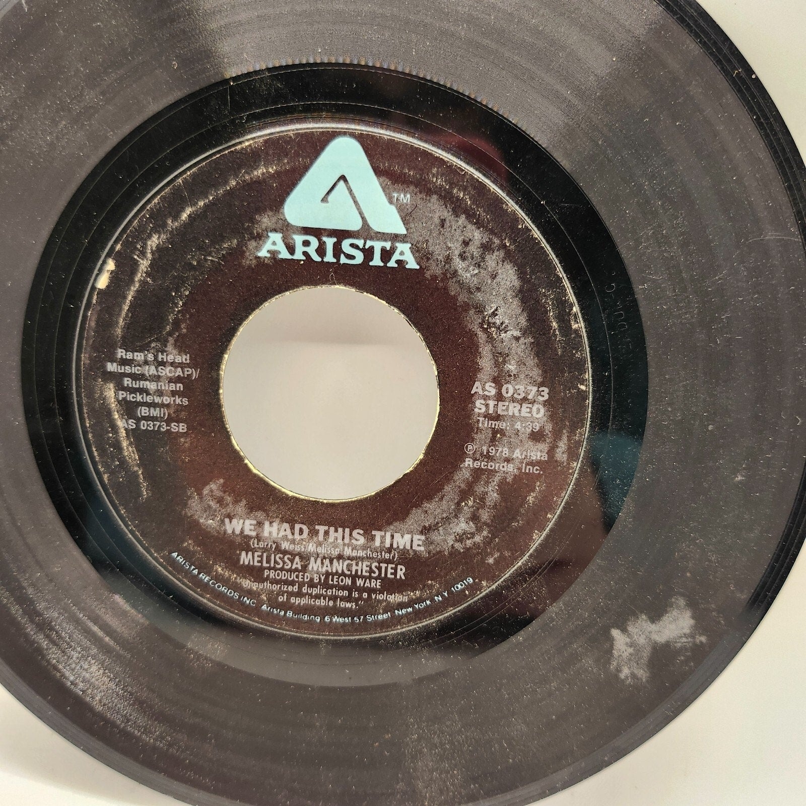 We Had This Time / Don't Cry Out Loud By Melissa Manchester (Record) - AS 0373