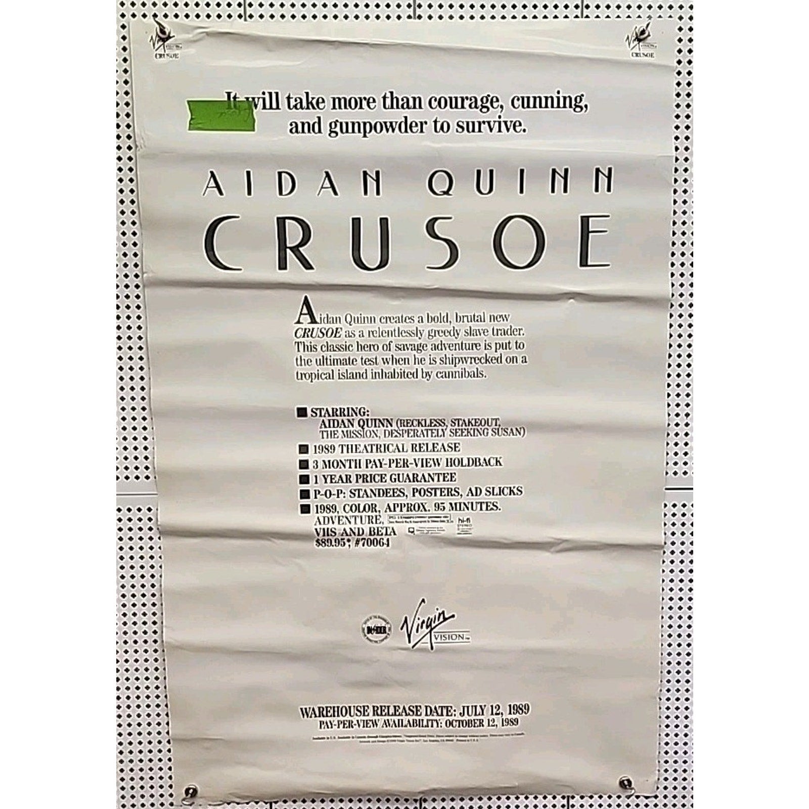 Crusoe Movie Poster 26x40 One Sheet 1989 Aidan Quinn