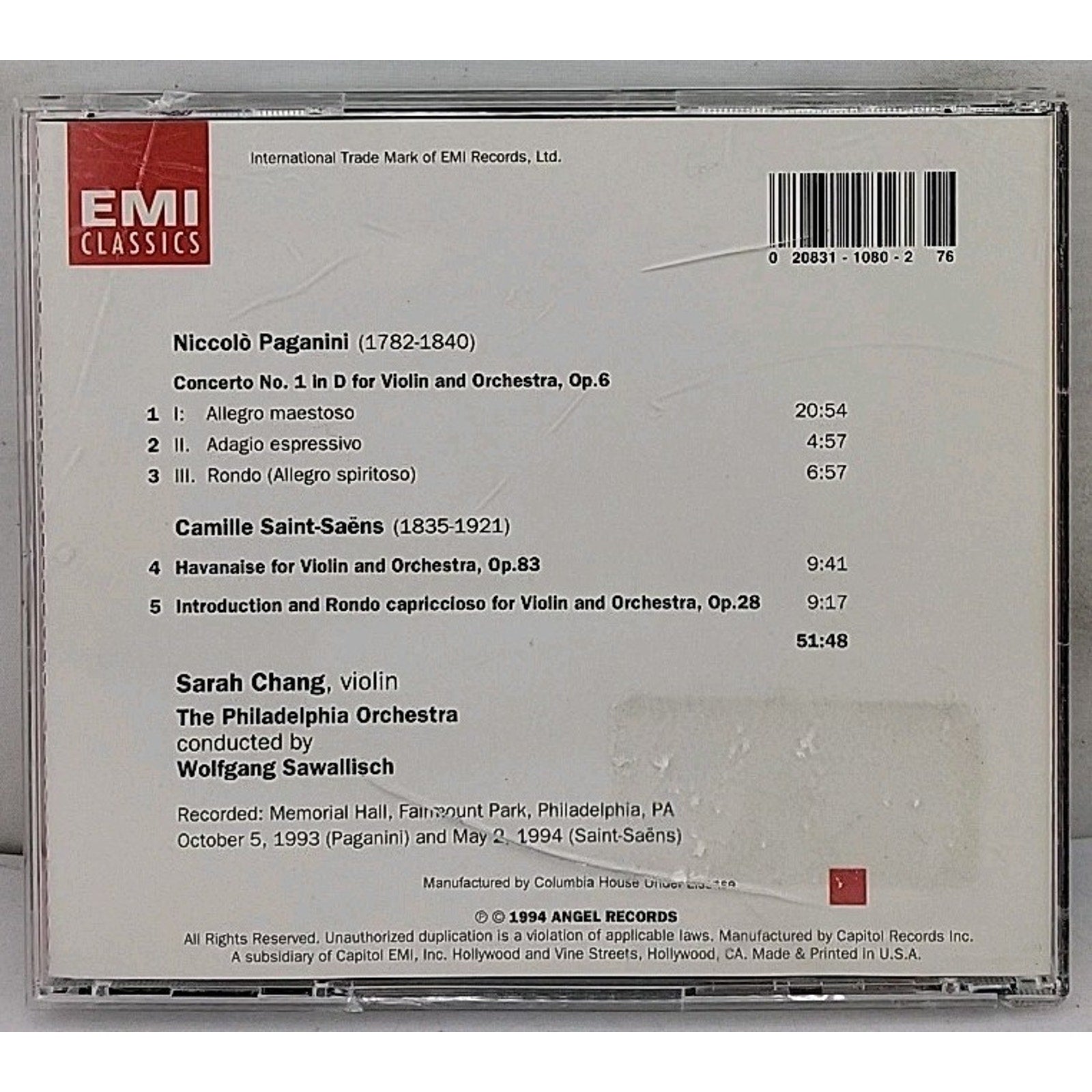 Sarah Chang Paganini: Vioiln Concerto No. 1 (CD, 1994) EMI Classics
