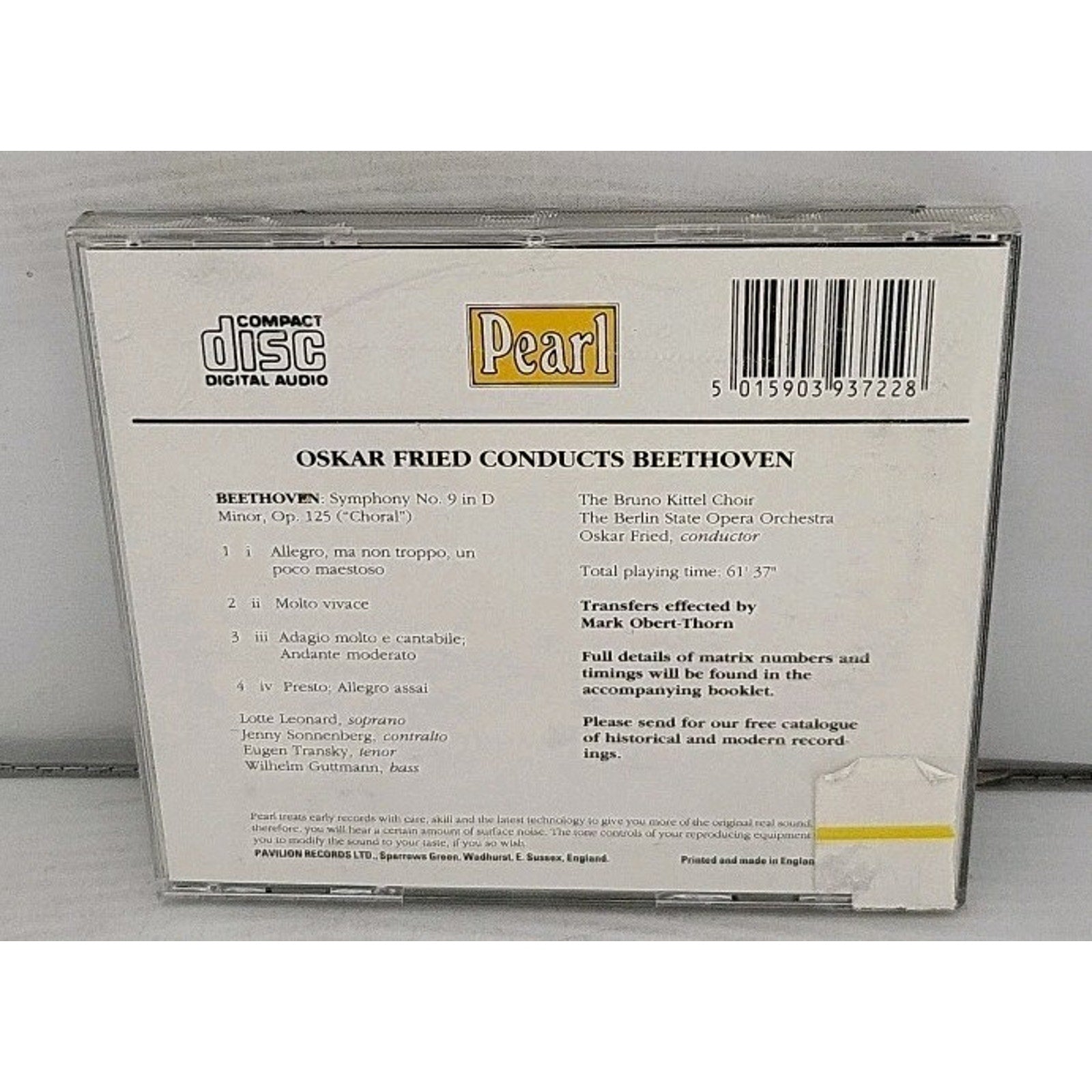 Oskar Fried Conducts Beethoven - Symphony No. 9 (CD, 1989, Pearl) GEMM CD 9372