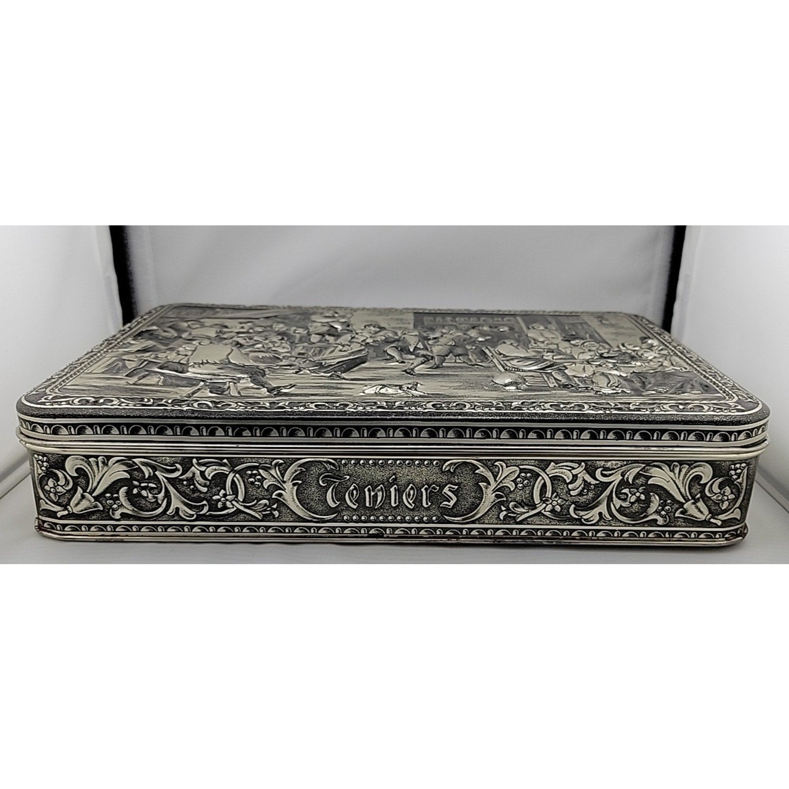 Vintage 1970's Teniers 3D Tin Silver Finish Made In Belgium Biscuit/Cookie Box