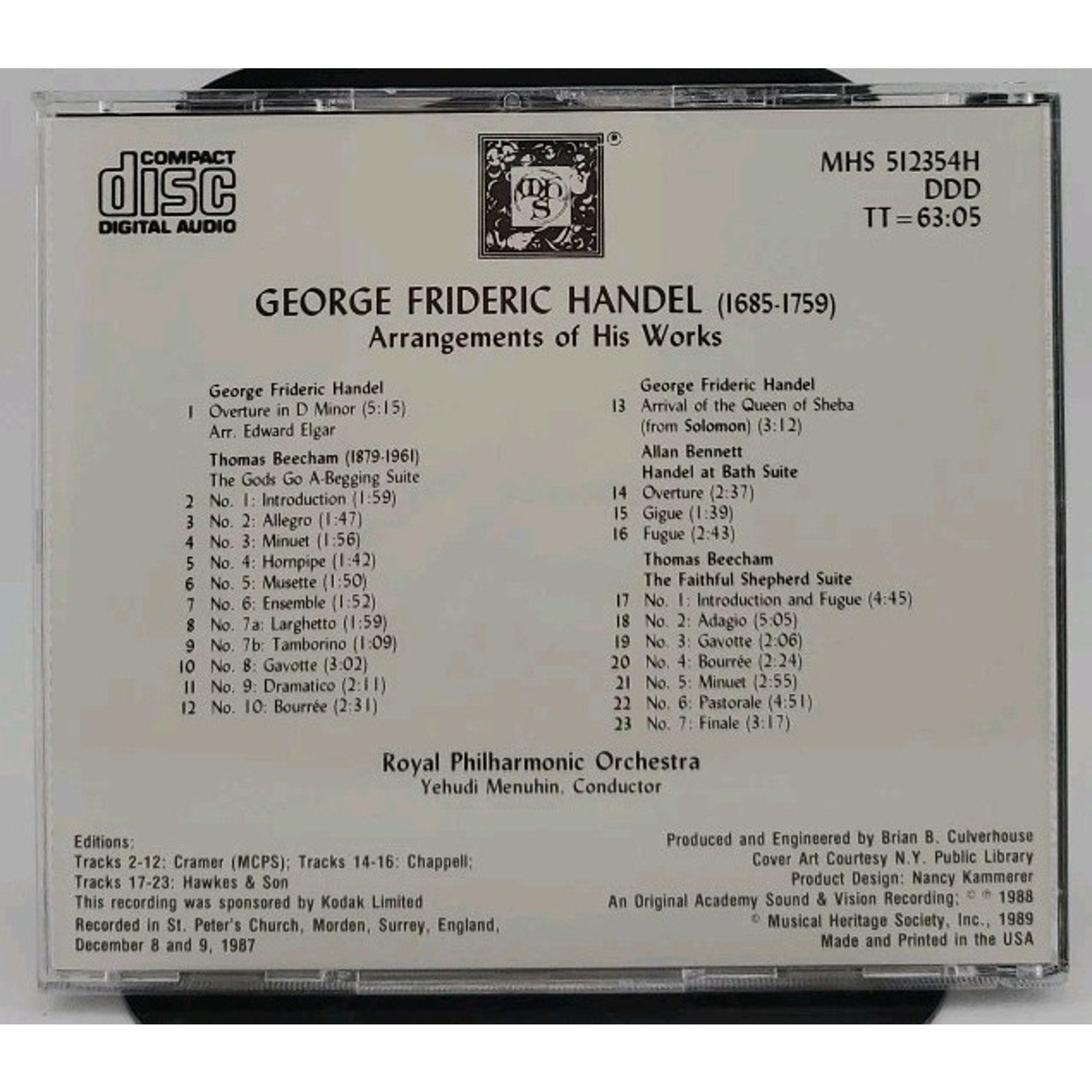 Handel - Arrangements Of His Works CD, Elgar, Beecham,Bennett, 1988