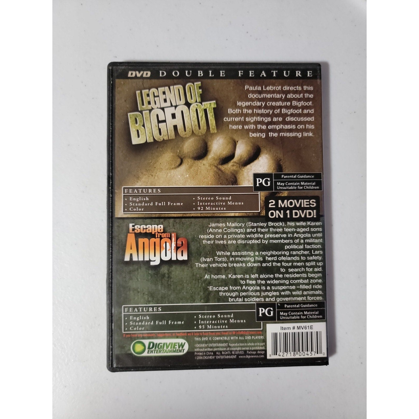 Legend Of Bigfoot & Escape From Angola (DVD, 2006, Digiview Slim Case)