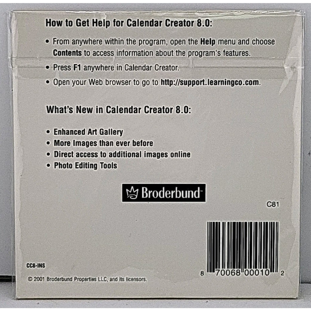 Calendar Creator 8.0 PC CD-Rom 2001 Broderbund *Brand New*