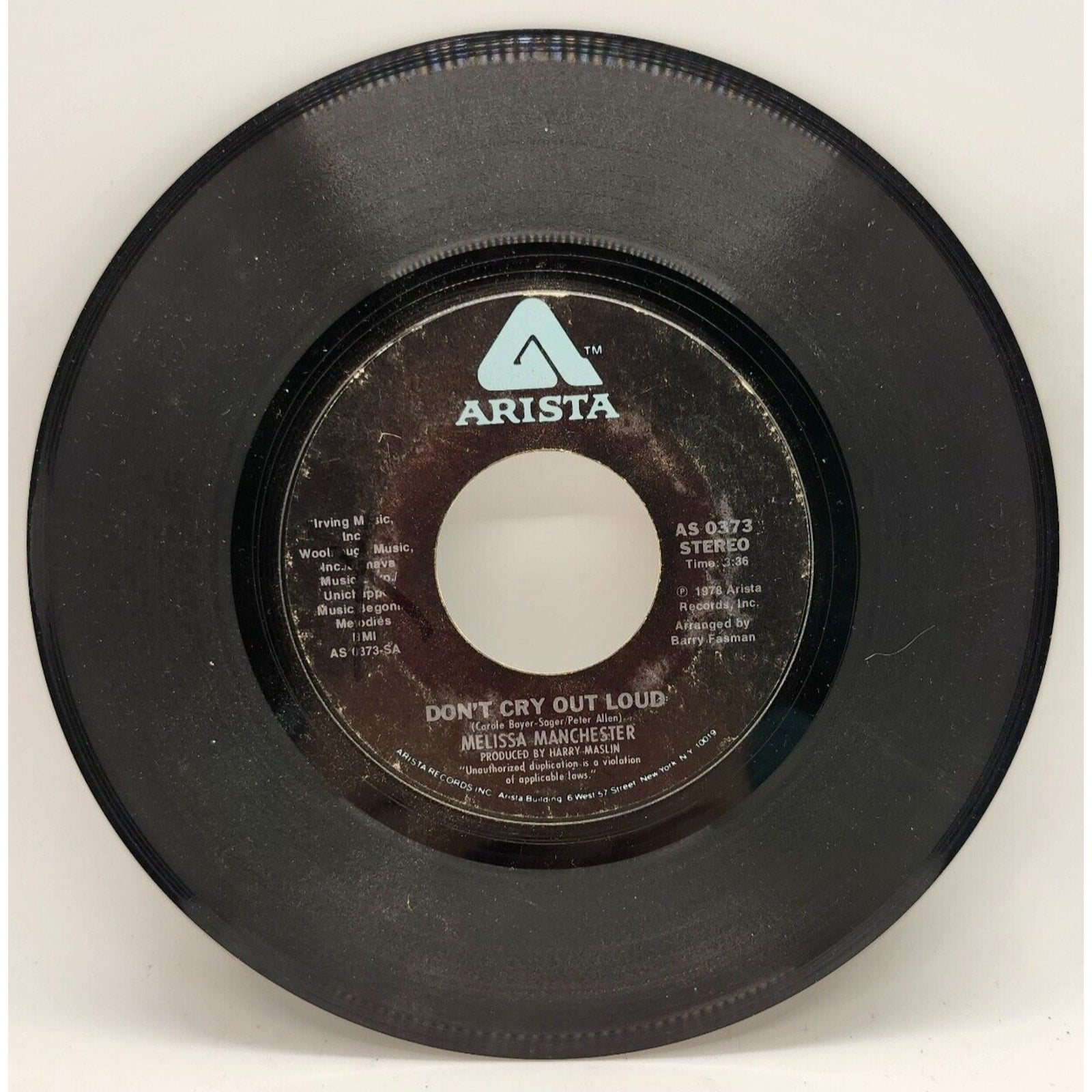We Had This Time / Don't Cry Out Loud By Melissa Manchester (Record) - AS 0373