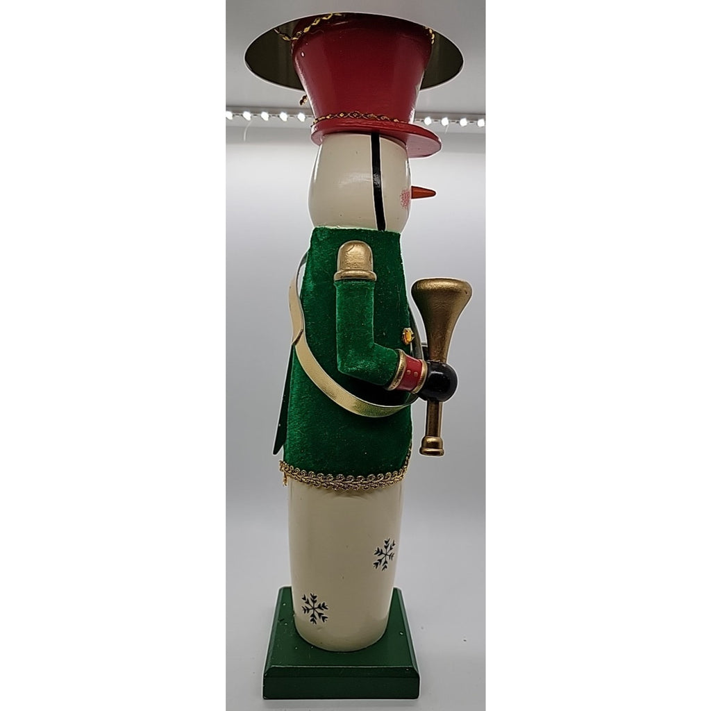 15" Wooden Snowman Nutcracker Green Velvet Vest / Red Hat
