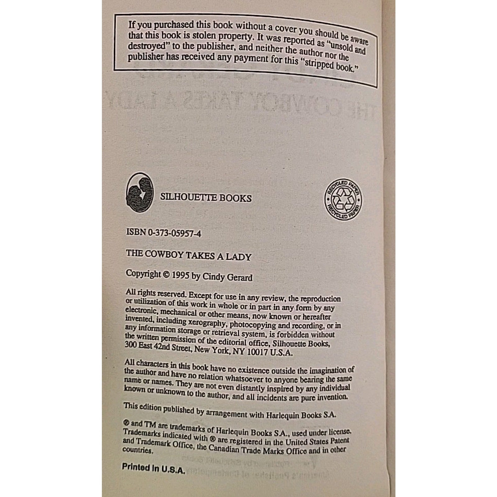 Cowboy Takes a Lady by Cindy Gerard (1995, Mass Market)