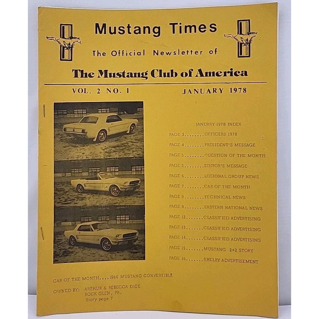 Mustang Times Newsletter - Mustang Club Of America - January 1978 - Vol. 2 No. 1