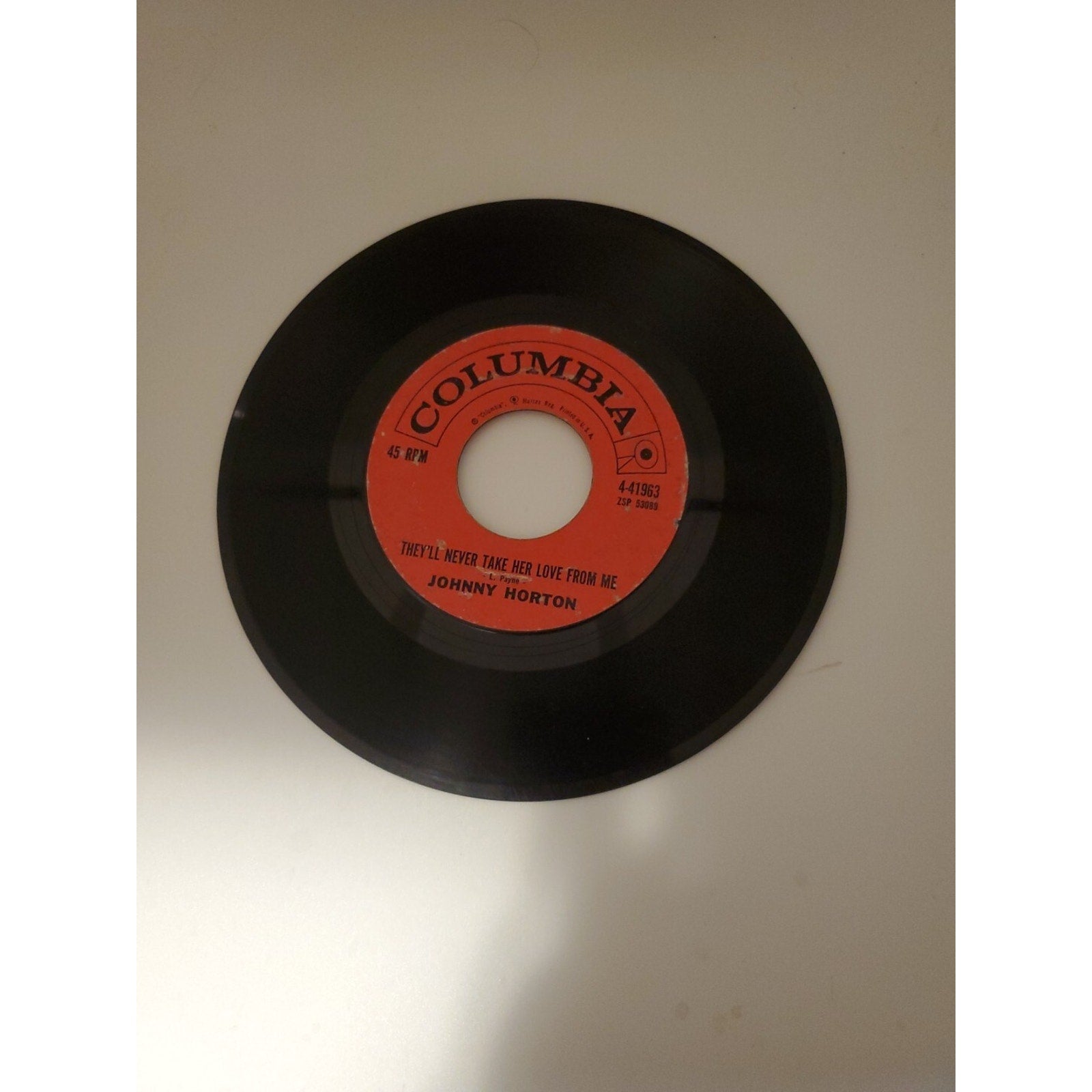 45 RPM Record Johnny Horton Sleepy-Eyed John/They'll Never Take Her Love From Me