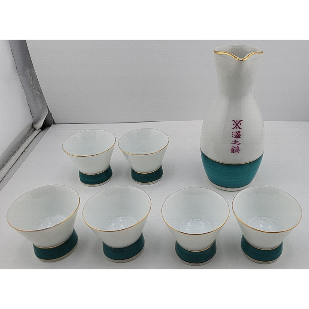 Vintage Sawanotsuru Sake Set Aqua Blue Gold Accent Made In Japan 7pc