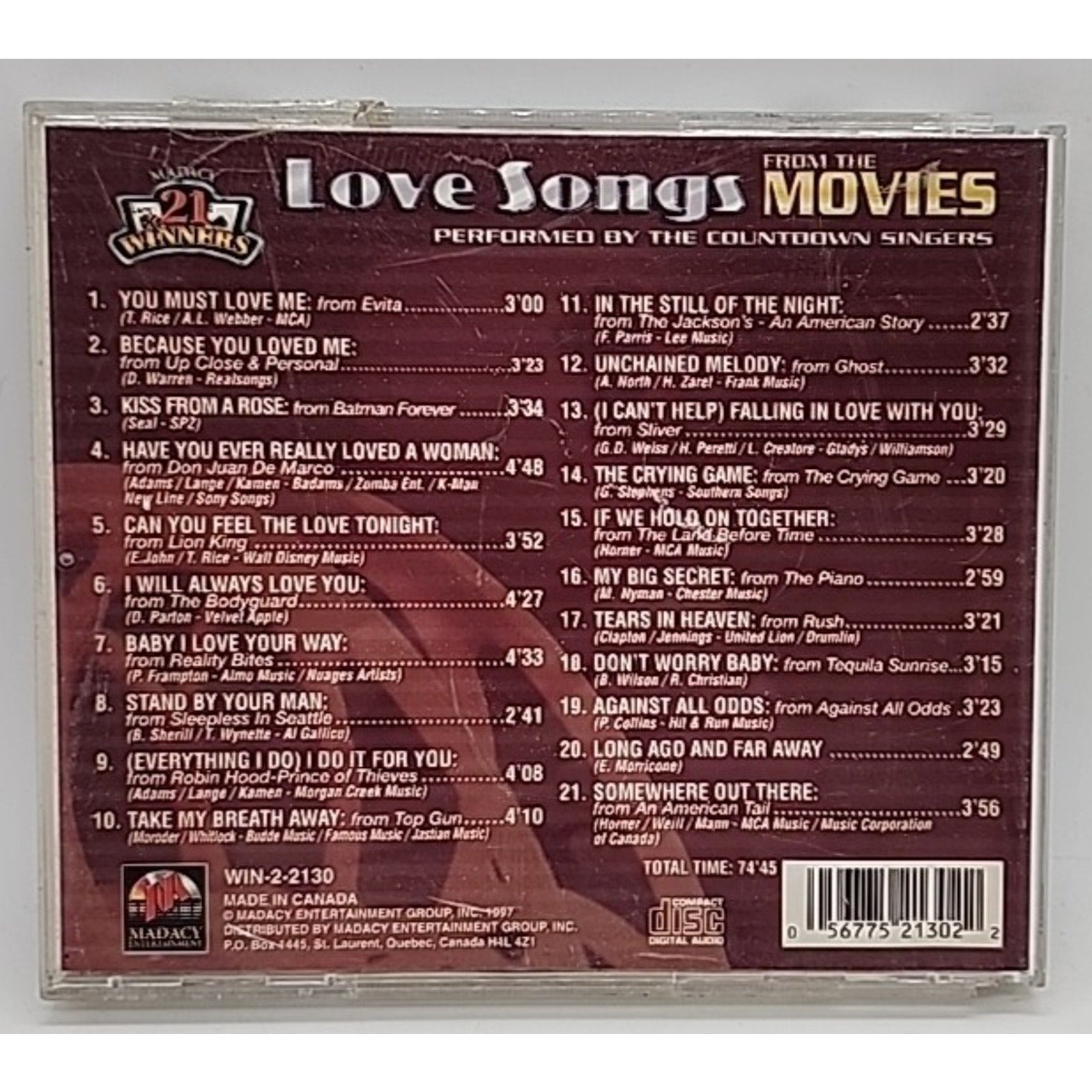 21 Winners Love Songs from the Movies by Various (CD, 1997)