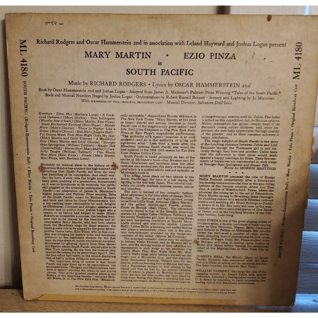 1949 Martin Pinza South Pacific Rodgers Hammerstein 12" Record ML-4180