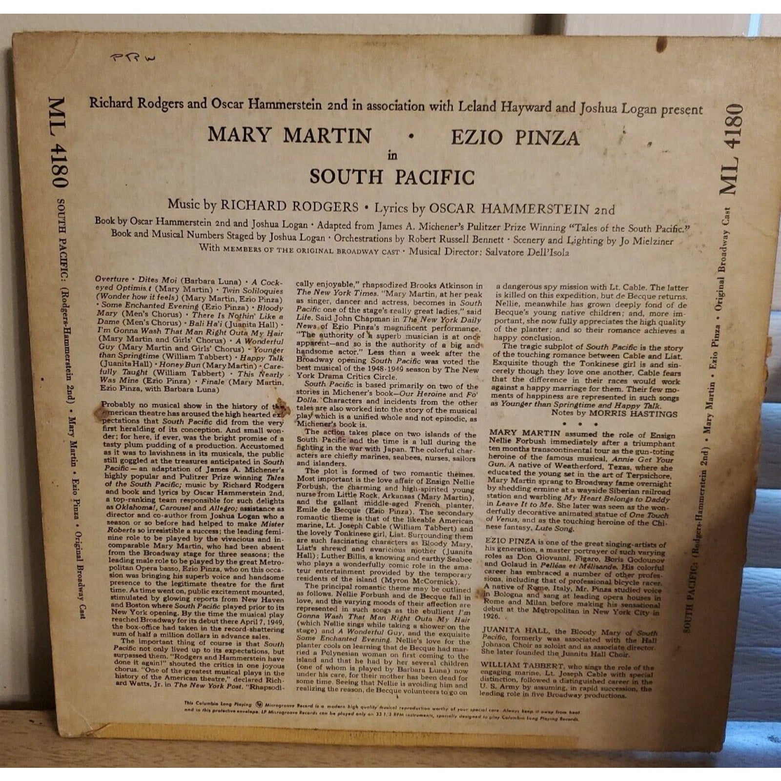 1949 Martin Pinza South Pacific Rodgers Hammerstein 12" Record ML-4180