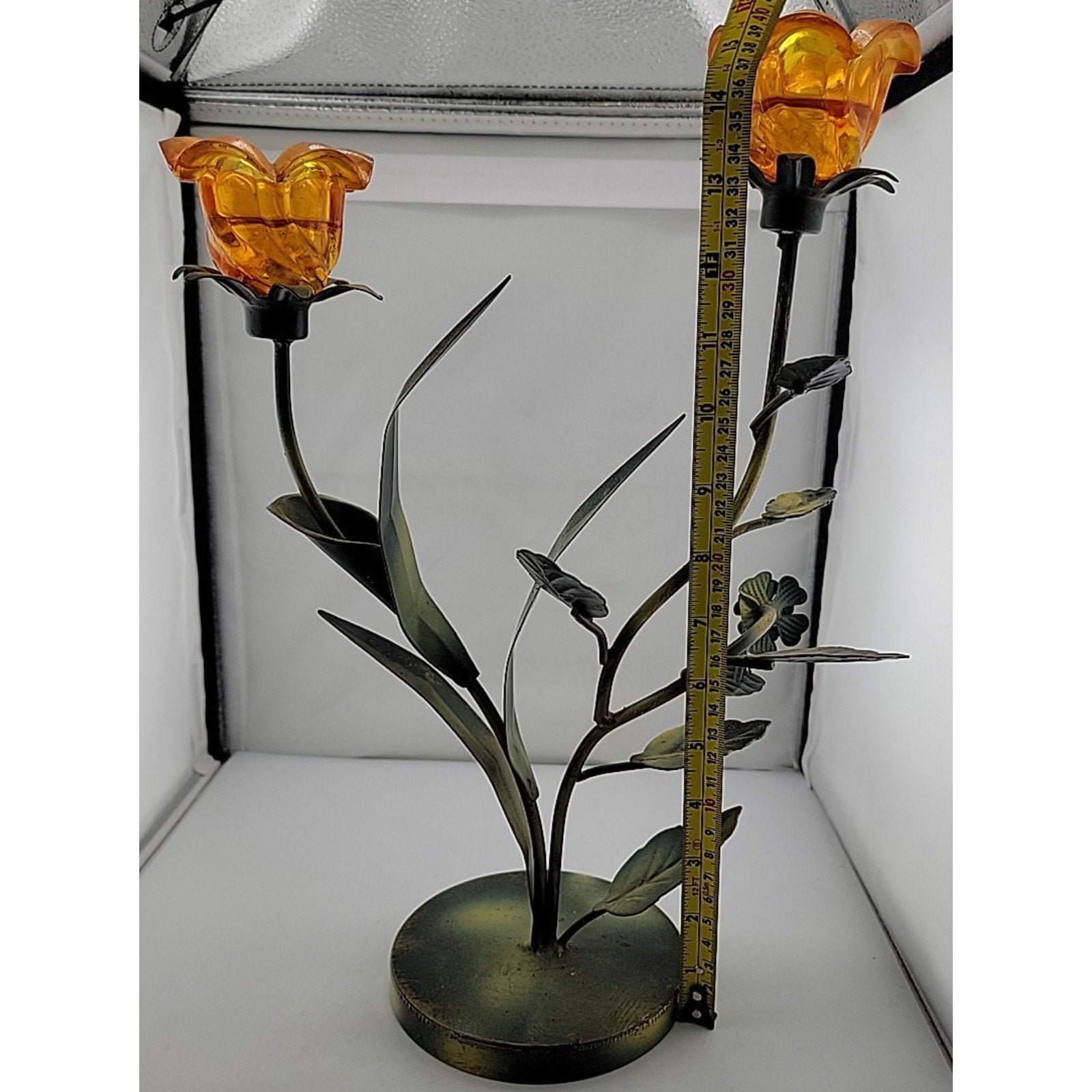 Amber Flower Candle Holder Approx 15" Tall Orange Leaf