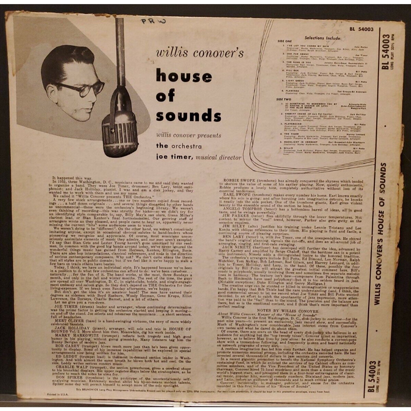 Willis Connover's House of Sounds/Jo Timer/1954 DG Mono/Brunswick BL 54003
