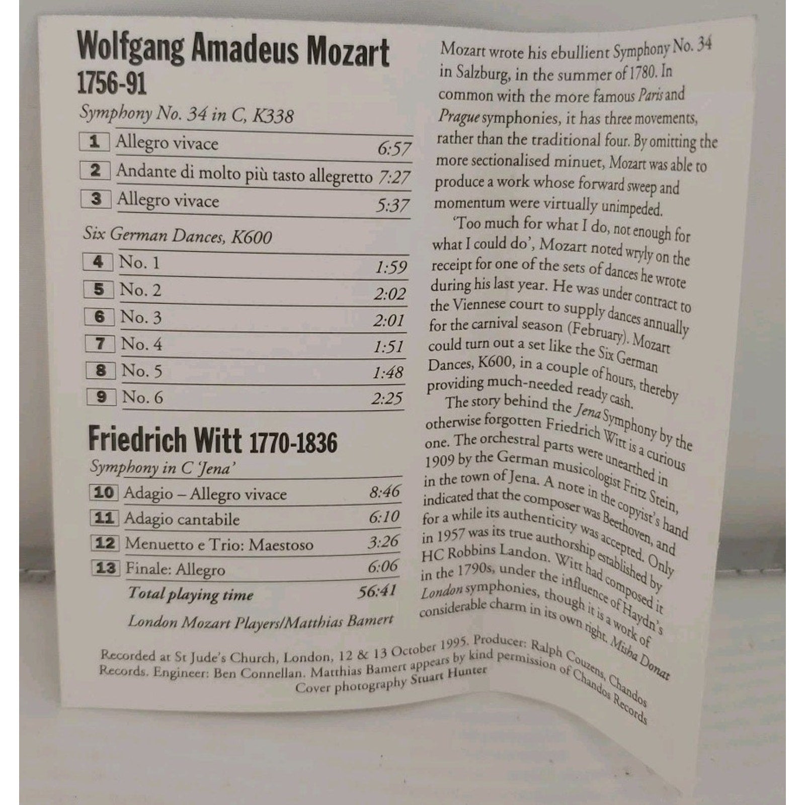 Mozart Symphony No.34 In C, K338 Six German Dances, K600 (Cassette)