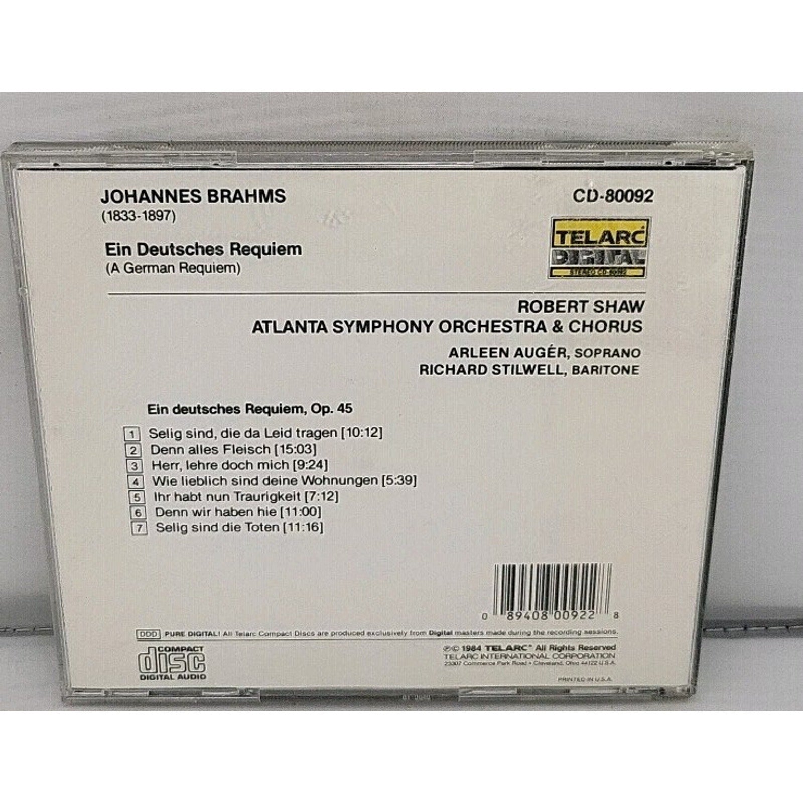 German Requiem by Brahms / Auger / Stilwell / Shaw / Aso (CD, 1990)