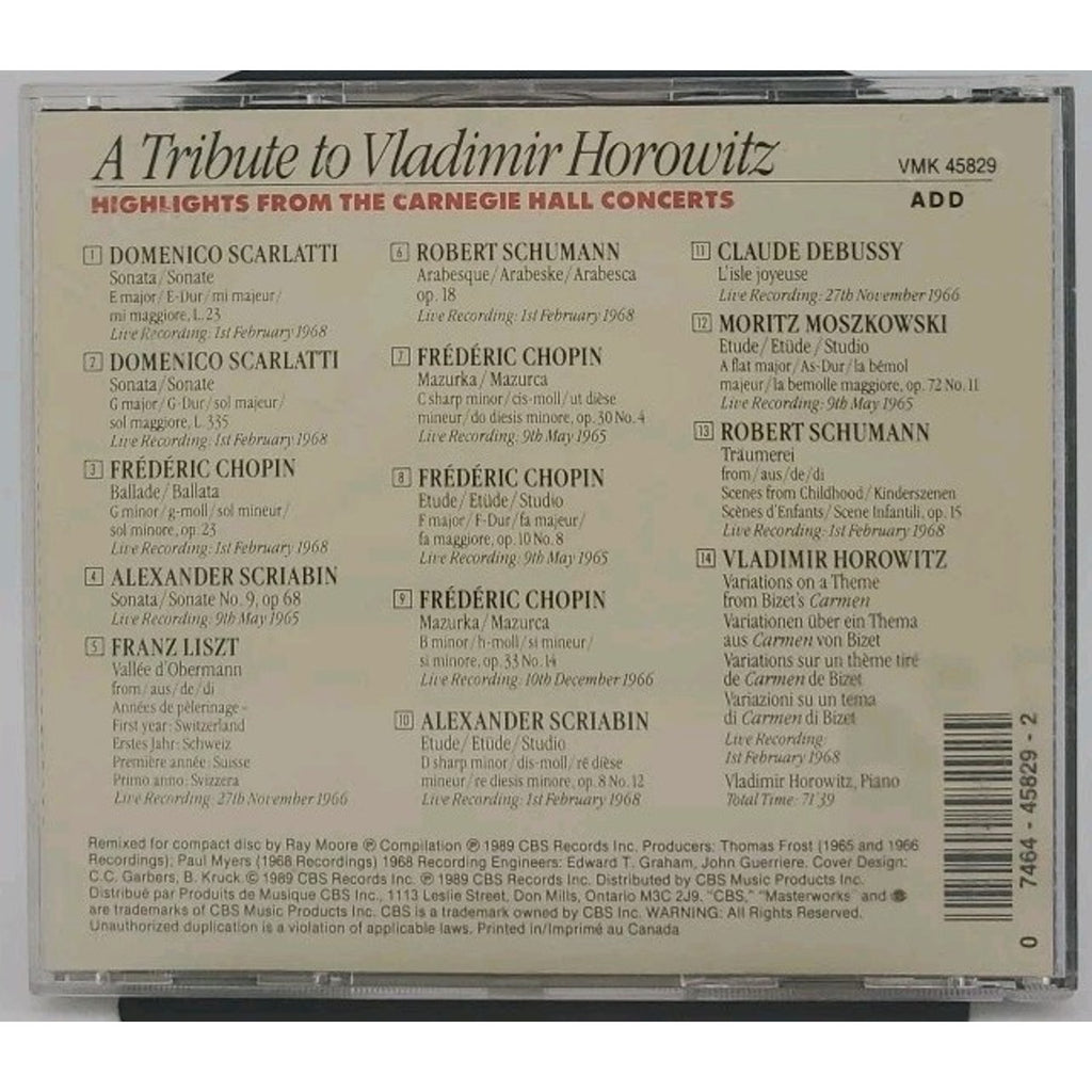 A Tribute To Vladimir Horowitz - Highlights From The Carnegie Hall Concerts CD