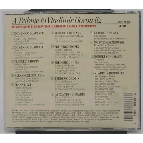 A Tribute To Vladimir Horowitz - Highlights From The Carnegie Hall Concerts CD