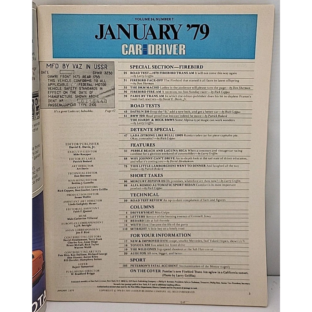 Car And Driver Magazine - January 1979 - Volume 24 Number 7