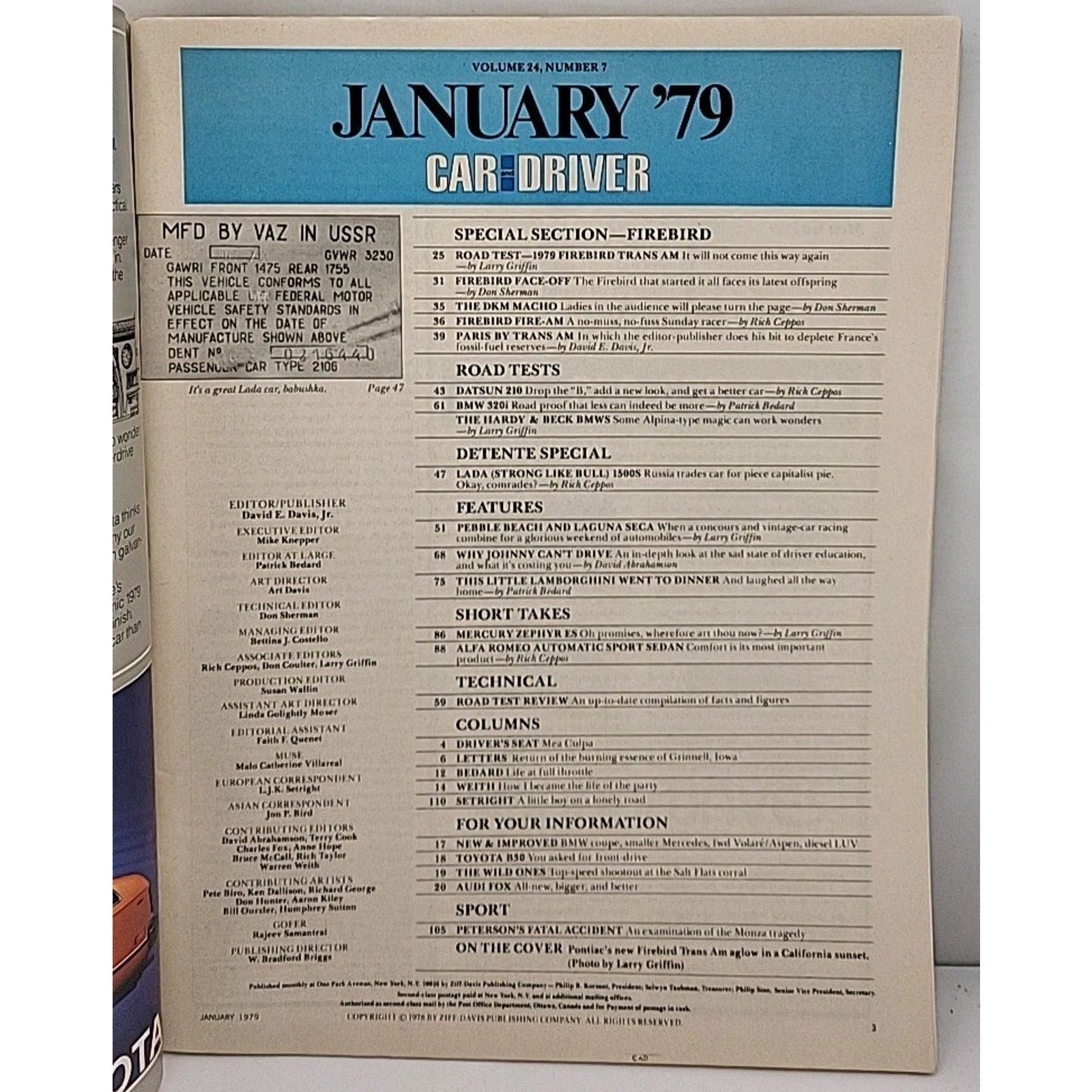 Car And Driver Magazine - January 1979 - Volume 24 Number 7