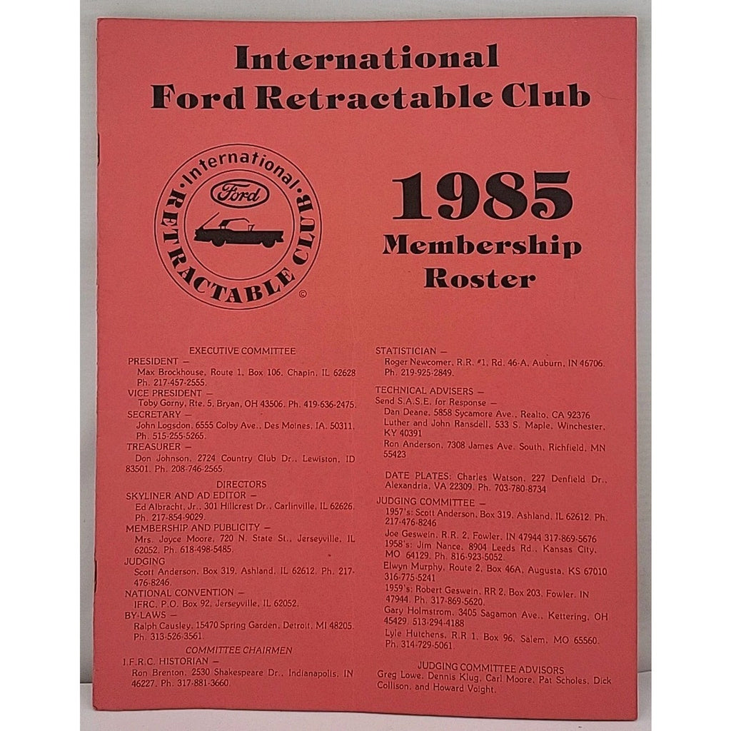 International Ford Retractable Club - 1985 Membership Roster