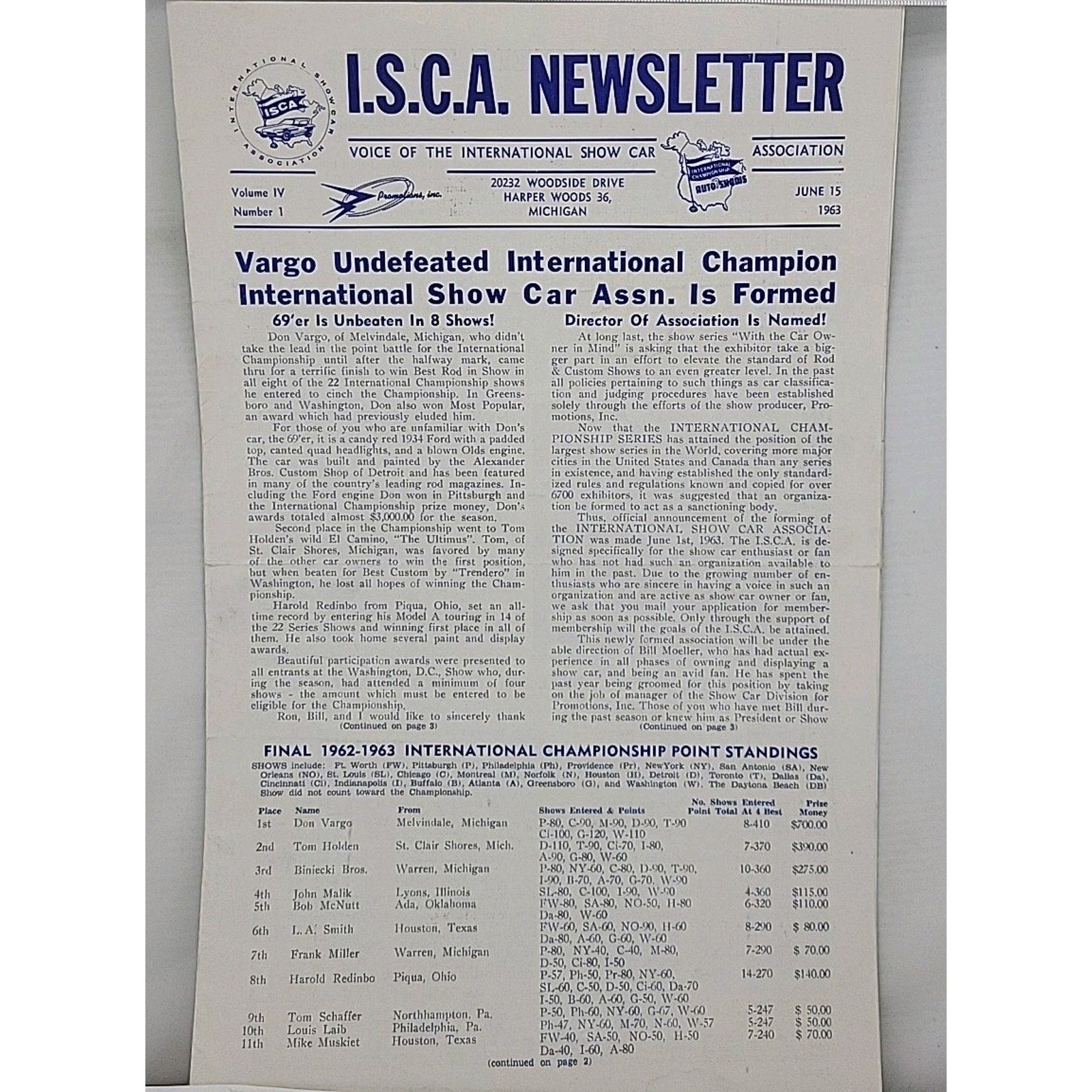 I.S.C.A. Newsletter June 15 1963 Volume IV Number 1